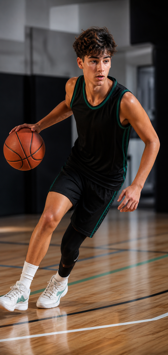 Atleta de basquetebol em movimento num pavilhão